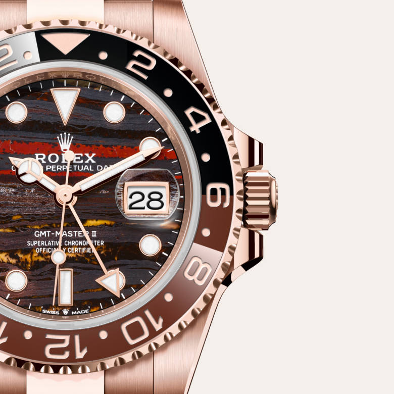 Front view of Rolex GMT-Master II in 18 ct Everose gold, m126715chnr-0002 with green seal - Nam Sawang