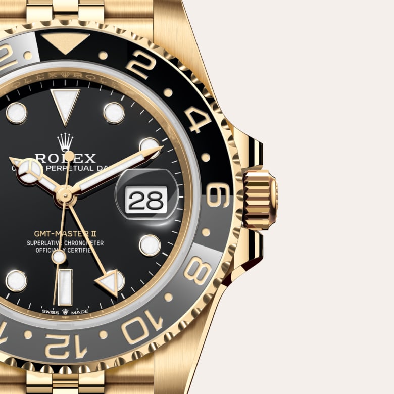 Front view of Rolex GMT-Master II in 18 ct yellow gold, m126718grnr-0001 with green seal - Nam Sawang