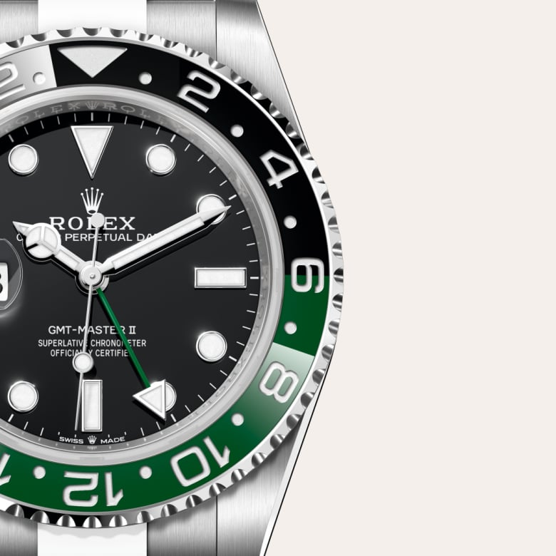 Front view of Rolex GMT-Master II in Oystersteel, m126720vtnr-0001 with green seal - Nam Sawang