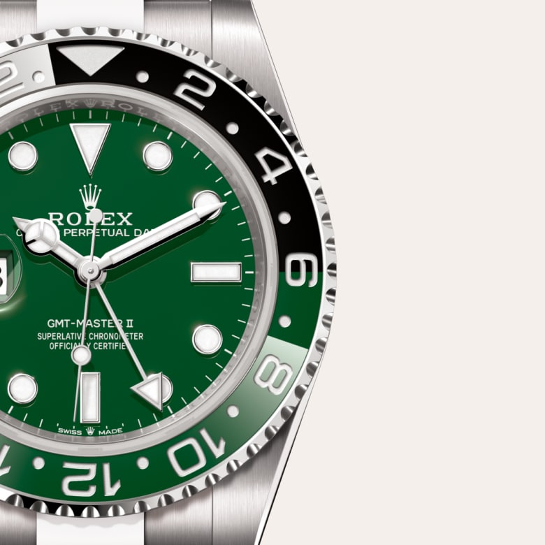 Front view of Rolex GMT-Master II in 18 ct white gold, m126729vtnr-0001 with green seal - Nam Sawang