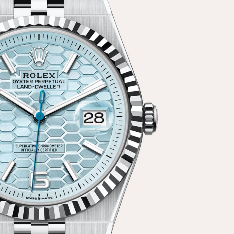 Front view of Rolex Land-Dweller in Platinum, m127336-0001 with green seal - Nam Sawang