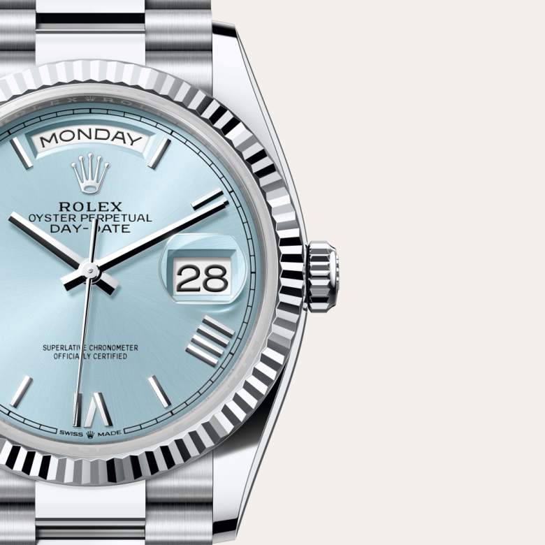 Front view of Rolex Day-Date in Platinum, m128236-0018 with green seal - Nam Sawang