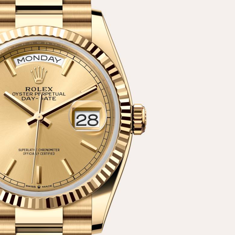 Front view of Rolex Day-Date in 18 ct yellow gold, m128238-0045 with green seal - Nam Sawang