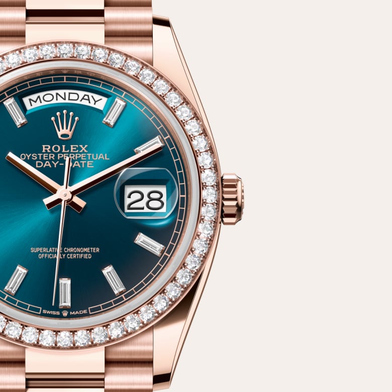 Front view of Rolex Day-Date in 18 ct Everose gold, m128345rbr-0083 with green seal - Nam Sawang