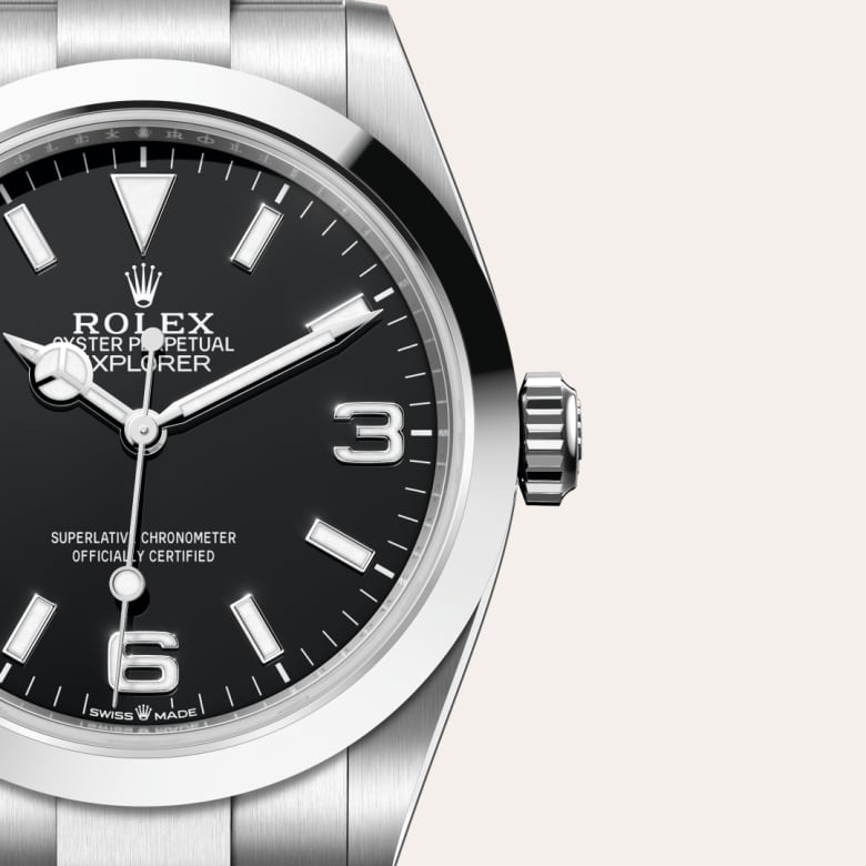 Front view of Rolex Explorer in Oystersteel, m224270-0001 with green seal - Nam Sawang