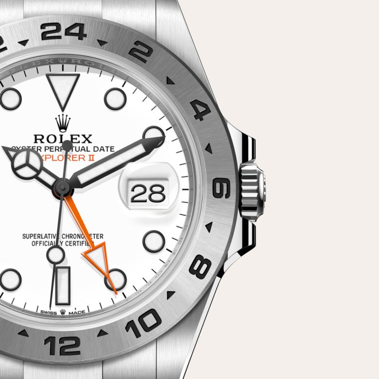Front view of Rolex Explorer II in Oystersteel, m226570-0001 with green seal - Nam Sawang