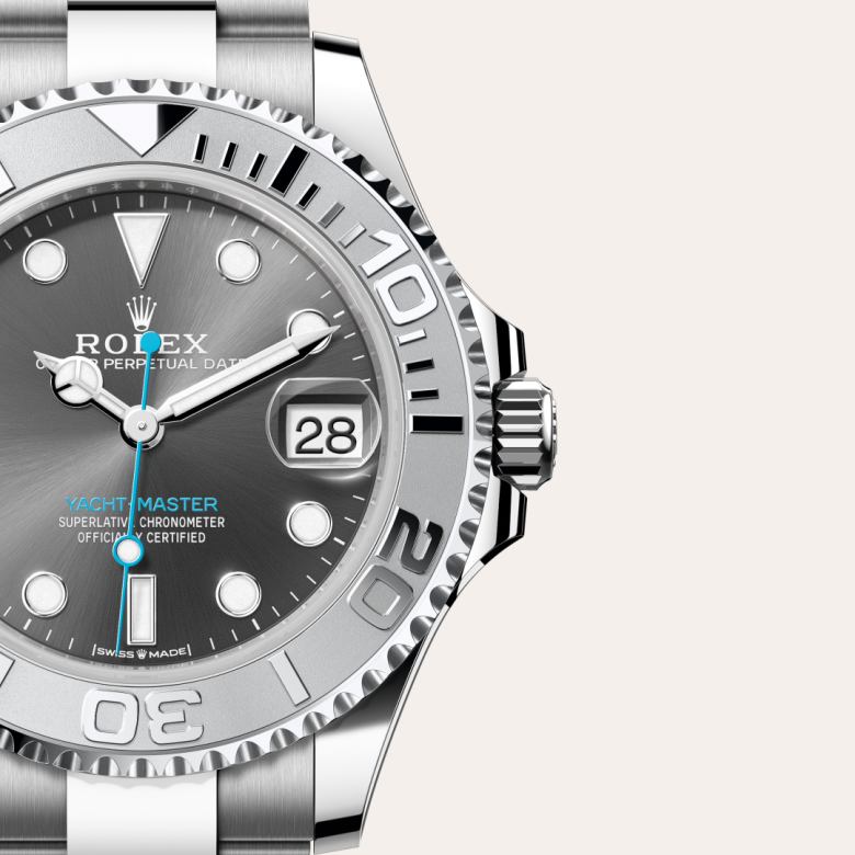 ด้านหน้า Rolex Yacht-Master ในวัสดุ Rolesium, m268622-0002 กับเหรียญรับประกันสีเขียว - นำสว่าง
