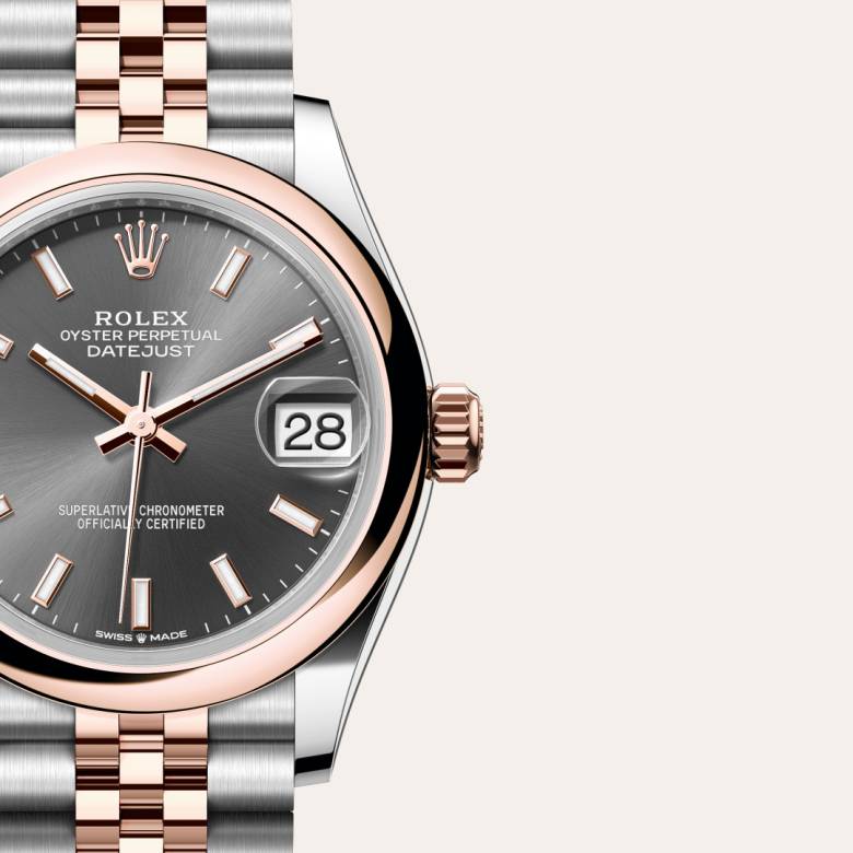 ด้านหน้า Rolex Datejust ในวัสดุ Everose Rolesor, m278241-0018 กับเหรียญรับประกันสีเขียว - นำสว่าง