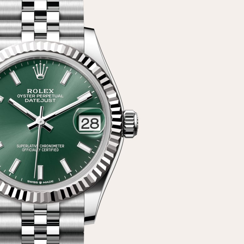 Front view of Rolex Datejust in White Rolesor, m278274-0018 with green seal - Nam Sawang
