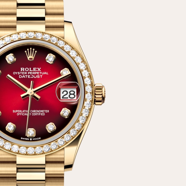 ด้านหน้า Rolex Datejust ในวัสดุ ทองคำ 18 กะรัต, m278288rbr-0041 กับเหรียญรับประกันสีเขียว - นำสว่าง