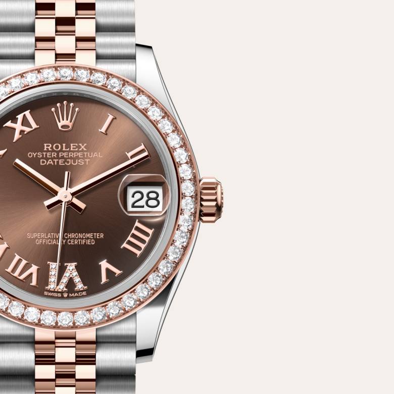 ด้านหน้า Rolex Datejust ในวัสดุ Everose Rolesor, m278381rbr-0006 กับเหรียญรับประกันสีเขียว - นำสว่าง