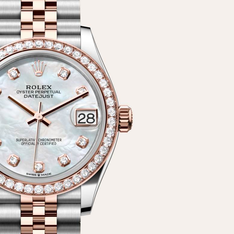 Front view of Rolex Datejust in Everose Rolesor, m278381rbr-0026 with green seal - Nam Sawang
