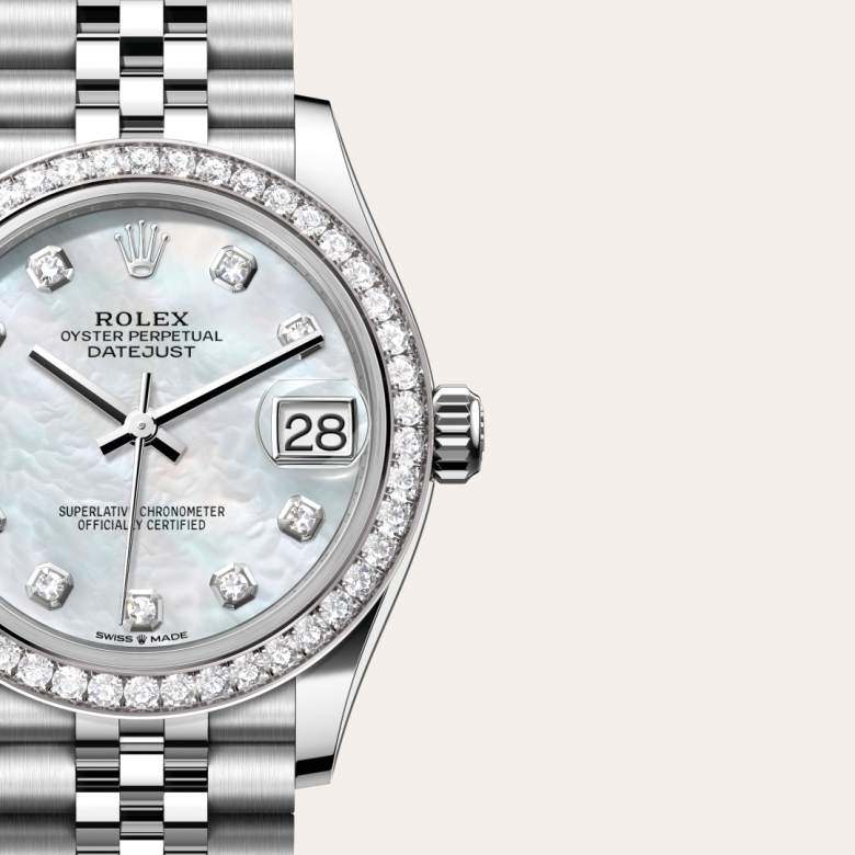 Front view of Rolex Datejust in White Rolesor, m278384rbr-0008 with green seal - Nam Sawang