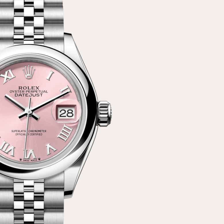 ด้านหน้า Rolex Lady-Datejust ในวัสดุ Oystersteel, m279160-0013 กับเหรียญรับประกันสีเขียว - นำสว่าง