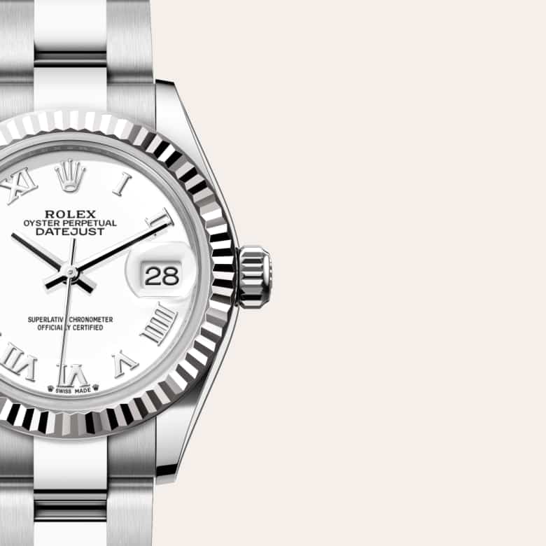ด้านหน้า Rolex Lady-Datejust ในวัสดุ White Rolesor, m279174-0020 กับเหรียญรับประกันสีเขียว - นำสว่าง