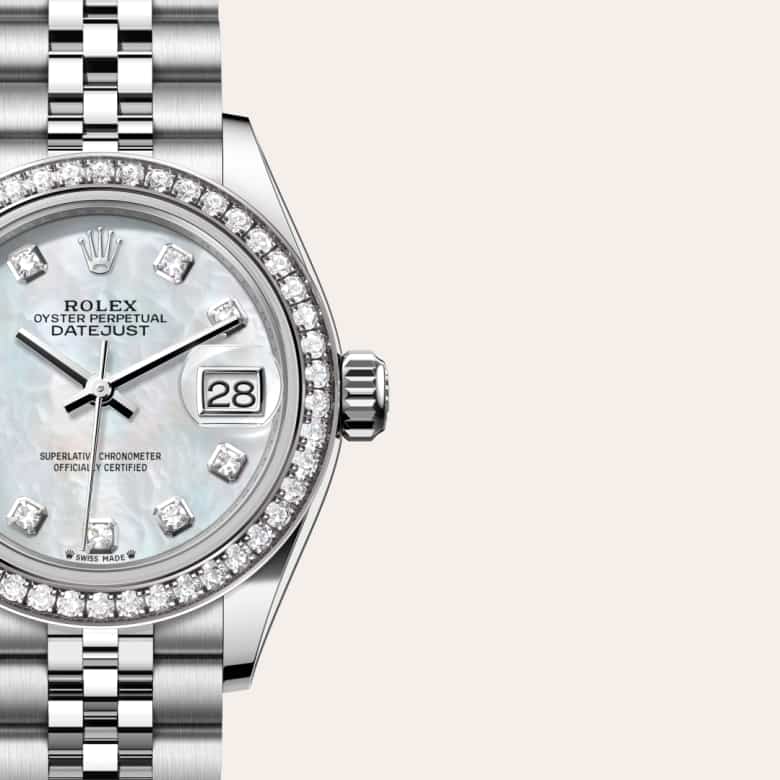 ด้านหน้า Rolex Lady-Datejust ในวัสดุ White Rolesor, m279384rbr-0011 กับเหรียญรับประกันสีเขียว - นำสว่าง