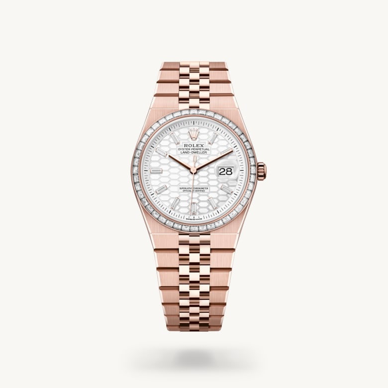ด้านหน้า Rolex Land-Dweller ในวัสดุ เอเวอร์โรสโกลด์, m127285tbr-0002 - นำสว่าง