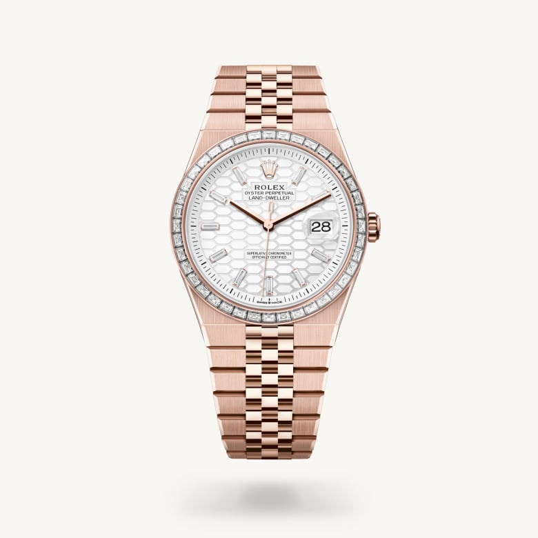 ด้านหน้า Rolex Land-Dweller ในวัสดุ เอเวอร์โรสโกลด์, m127385tbr-0003 - นำสว่าง
