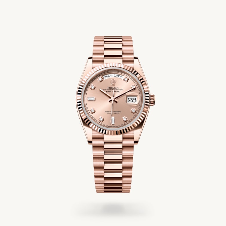 ด้านหน้า Rolex Day-Date ในวัสดุ เอเวอร์โรสโกลด์, m128235-0009 - นำสว่าง