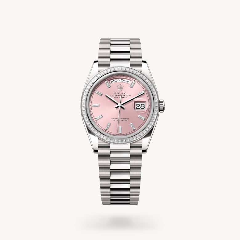 ด้านหน้า Rolex Day-Date ในวัสดุ ทองคำขาว 18 กะรัต, m128399tbr-0029 - นำสว่าง