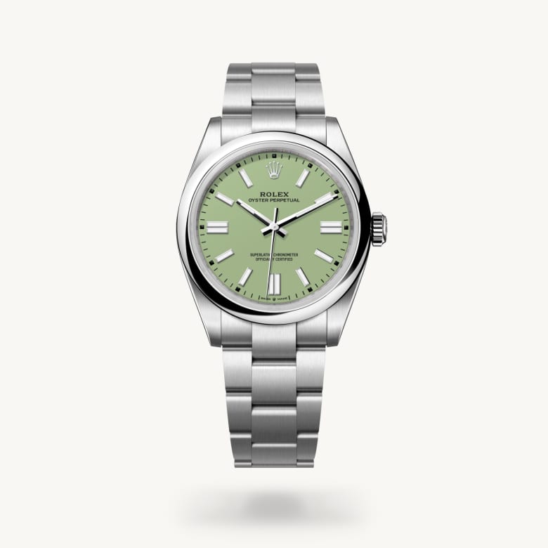 ด้านหน้า Rolex Oyster Perpetual ในวัสดุ Oystersteel, m134300-0006 - นำสว่าง