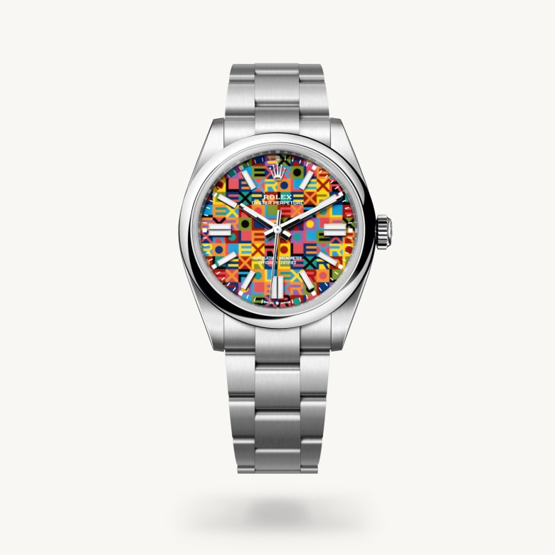 ด้านหน้า Rolex Oyster Perpetual ในวัสดุ Oystersteel, m134300-0010 - นำสว่าง