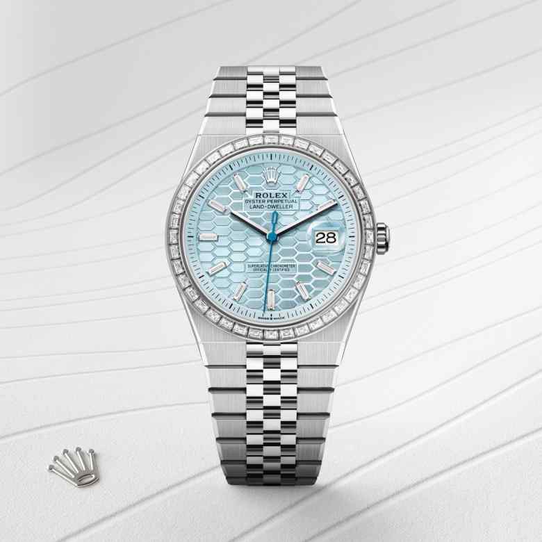 Front view of Rolex Land-Dweller in Platinum, m127386tbr-0001 - Nam Sawang