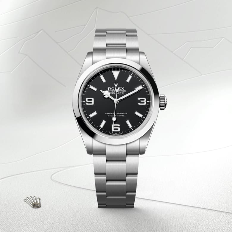 ด้านหน้า Rolex Explorer ในวัสดุ Oystersteel, m224270-0001 - นำสว่าง
