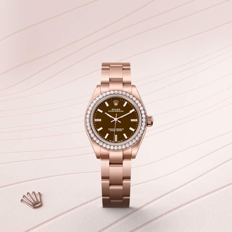 Front view of Rolex Oyster Perpetual in 18 ct Everose gold, m276245rbr-0002 - Nam Sawang