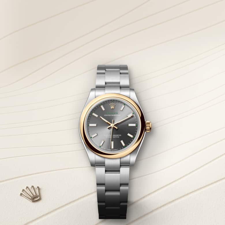 Front view of Rolex Oyster Perpetual in Yellow Rolesor, m277203-0001 - Nam Sawang