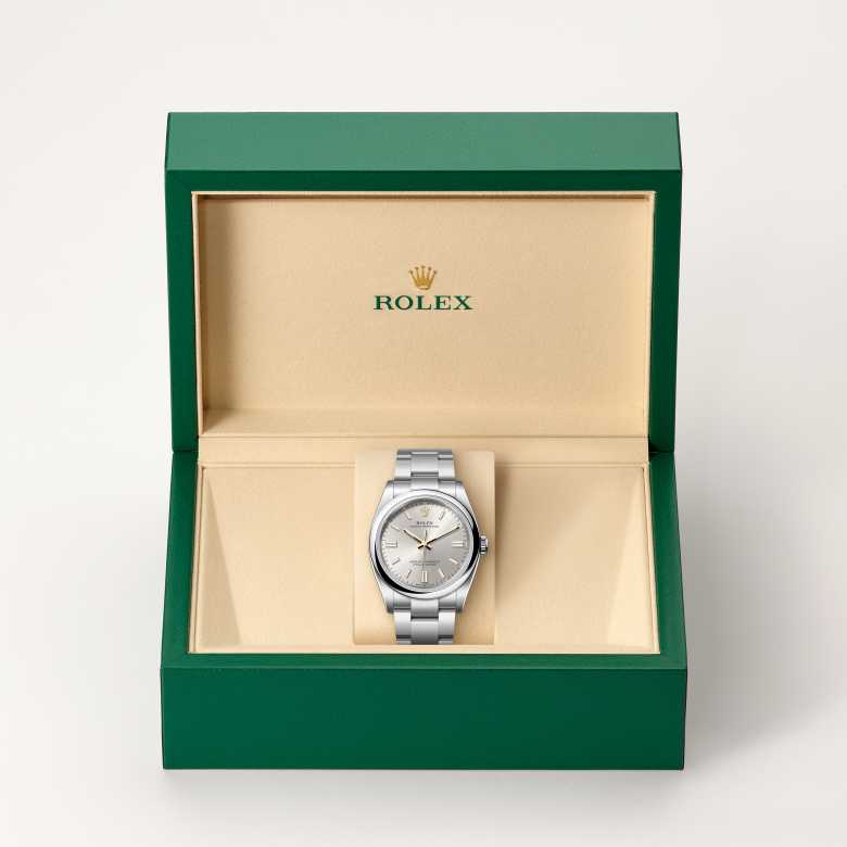 Front view of Rolex Oyster Perpetual in Oystersteel, m126000-0001 in the box - Nam Sawang