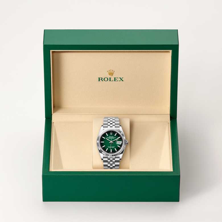 Front view of Rolex Datejust in White Rolesor, m126234-0059 in the box - Nam Sawang