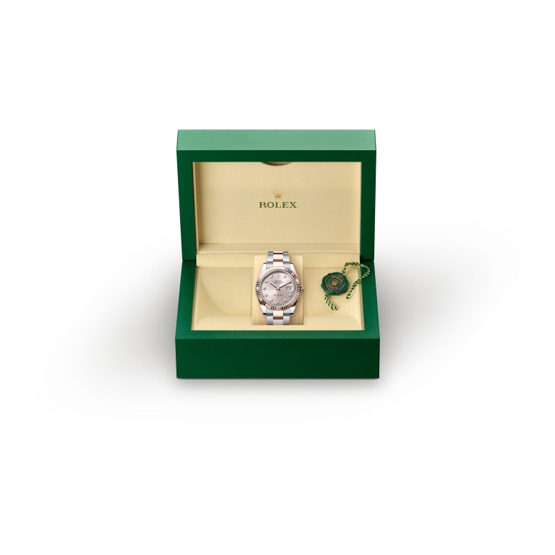 Front view of Rolex Datejust in Everose Rolesor, m126331-0007 in the box - Nam Sawang