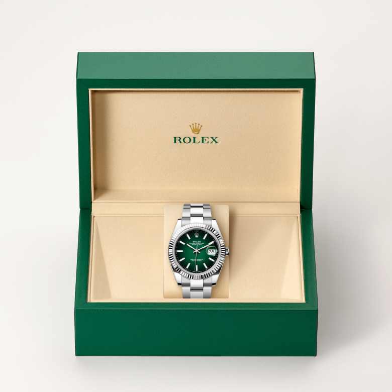 Front view of Rolex Datejust in White Rolesor, m126334-0033 in the box - Nam Sawang