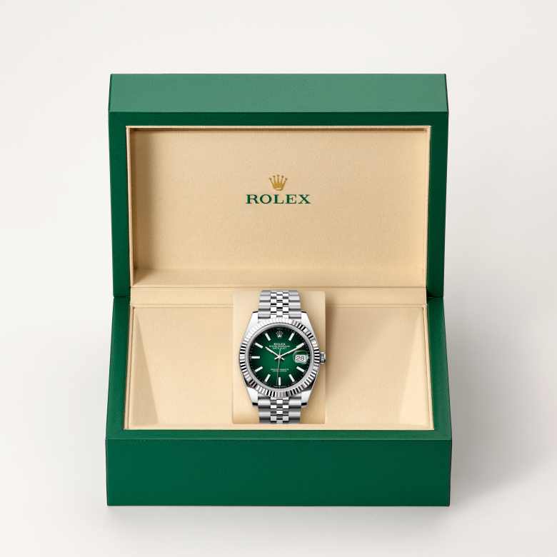 Front view of Rolex Datejust in White Rolesor, m126334-0034 in the box - Nam Sawang