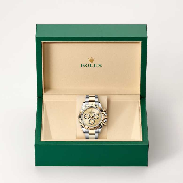 Front view of Rolex Cosmograph Daytona in Yellow Rolesor, m126503-0004 in the box - Nam Sawang