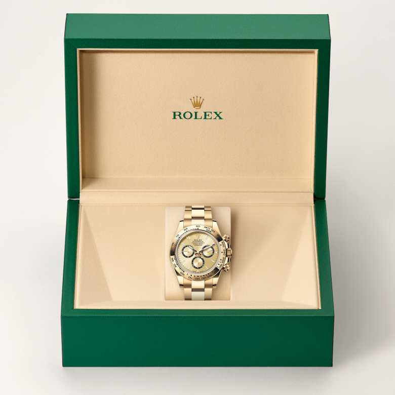 ด้านหน้า Rolex Cosmograph Daytona ในวัสดุ ทองคำ 18 กะรัต, m126508-0005 ในกล่อง - นำสว่าง
