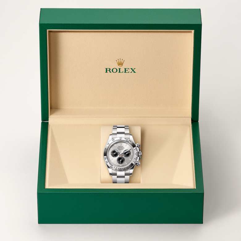 ด้านหน้า Rolex Cosmograph Daytona ในวัสดุ ทองคำขาว 18 กะรัต, m126509-0003 ในกล่อง - นำสว่าง