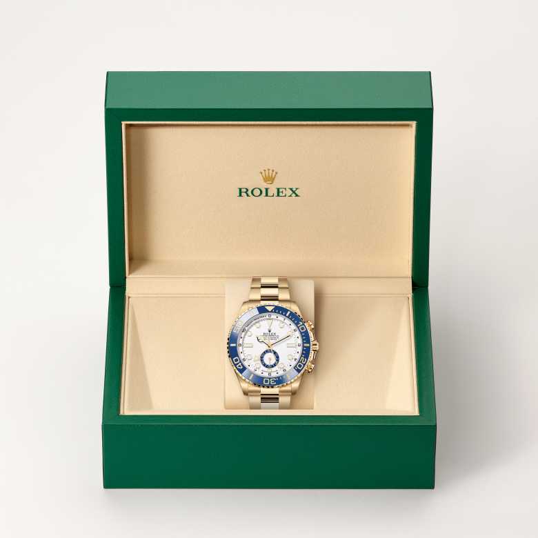 Front view of Rolex Yacht-Master II in 18 ct yellow gold, m126688-0001 in the box - Nam Sawang