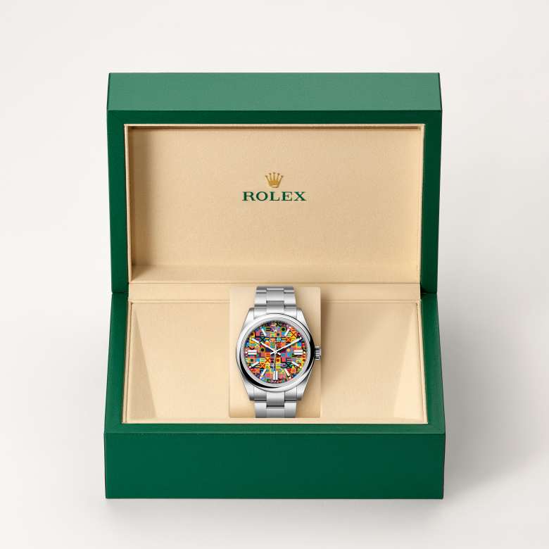 Front view of Rolex Oyster Perpetual in Oystersteel, m134300-0010 in the box - Nam Sawang