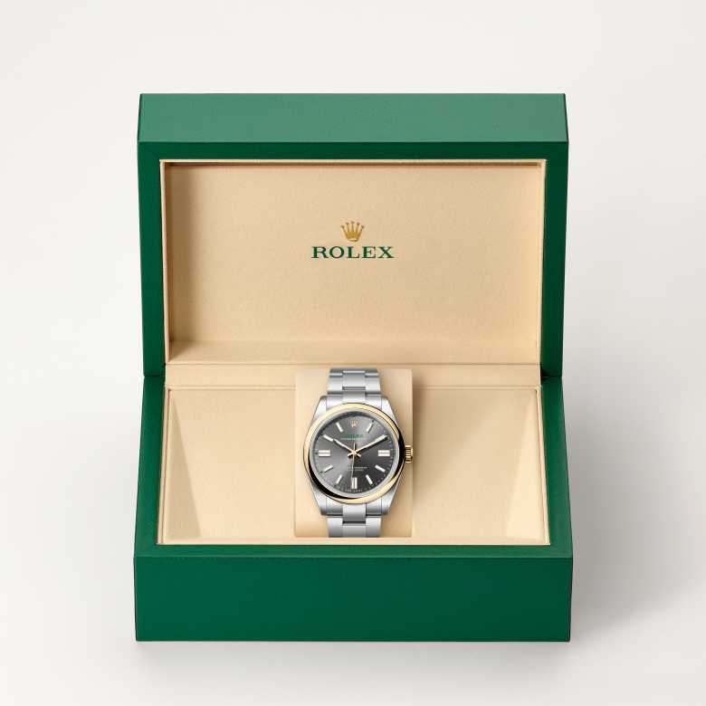Front view of Rolex Oyster Perpetual in Yellow Rolesor, m134303-0001 in the box - Nam Sawang