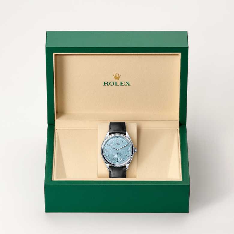 Front view of Rolex 1908 in Platinum, m52506-0003 in the box - Nam Sawang