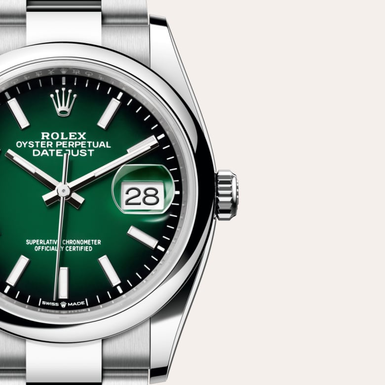 Front view of Rolex Datejust in Oystersteel, m126200-0025 with green seal - Nam Sawang