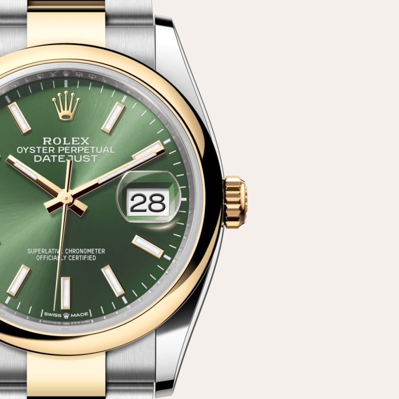 Front view of Rolex Datejust in Yellow Rolesor, m126203-0058 with green seal - Nam Sawang