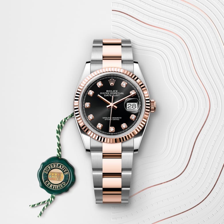 ด้านหน้า Rolex Datejust ในวัสดุ Everose Rolesor, m126231-0020 กับเหรียญรับประกันสีเขียว - นำสว่าง