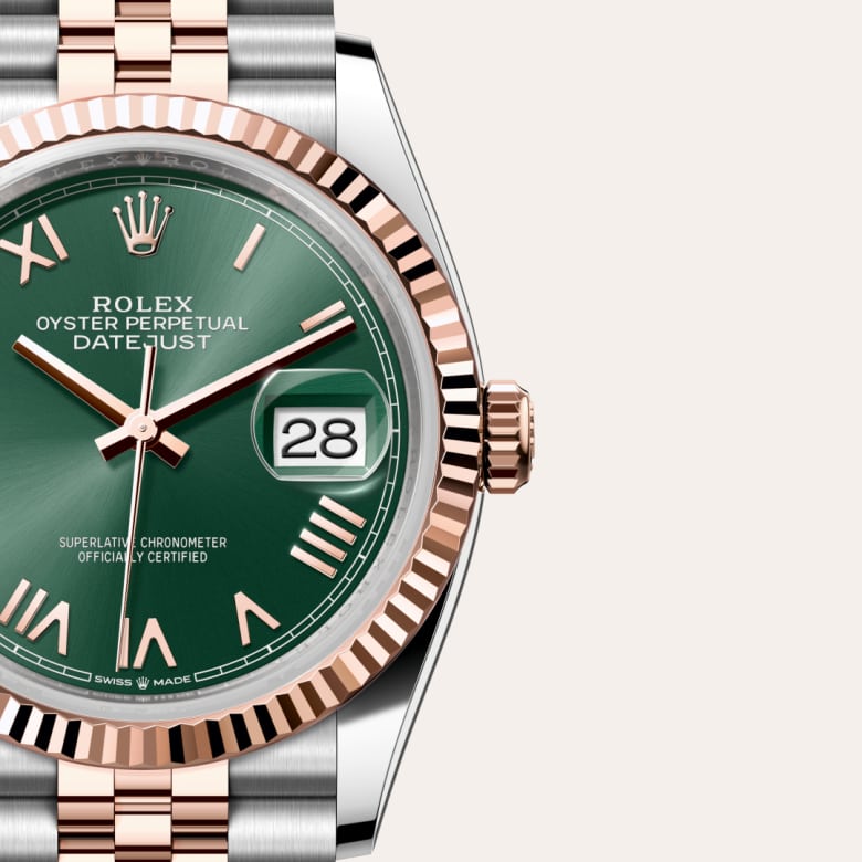 Front view of Rolex Datejust in Everose Rolesor, m126231-0051 with green seal - Nam Sawang
