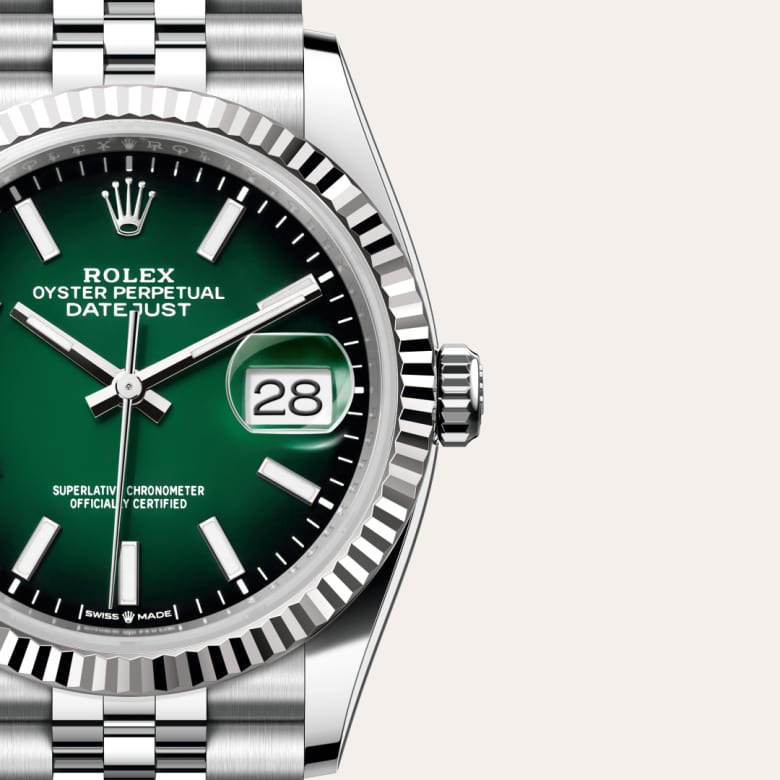 Front view of Rolex Datejust in White Rolesor, m126234-0059 with green seal - Nam Sawang