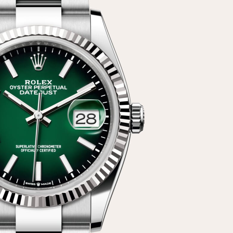 Front view of Rolex Datejust in White Rolesor, m126234-0060 with green seal - Nam Sawang