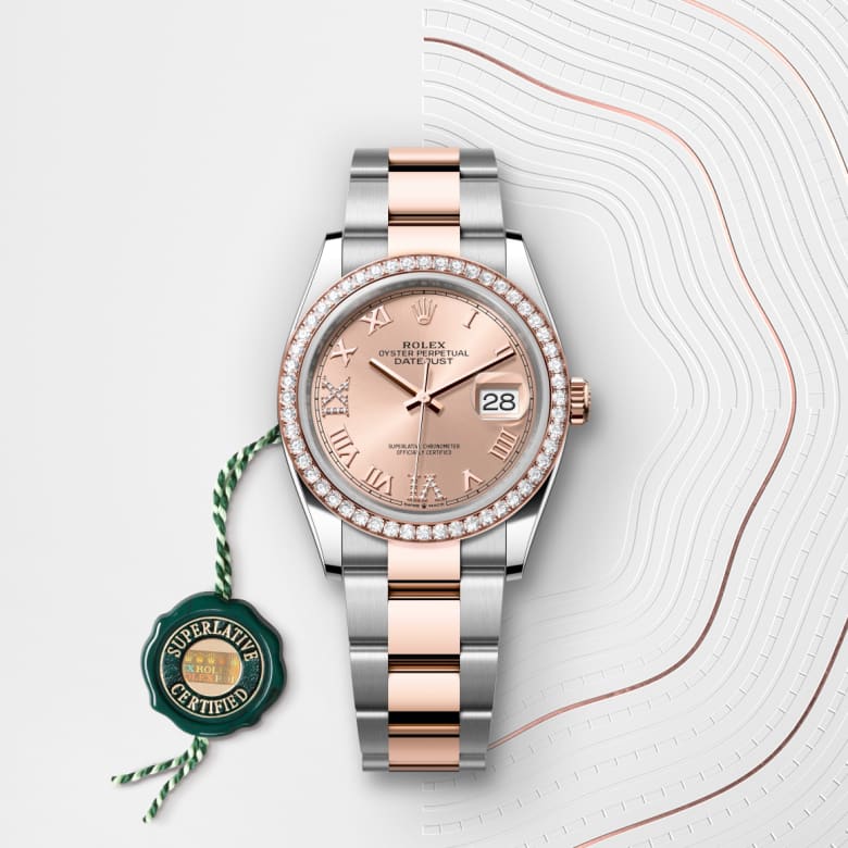 Front view of Rolex Datejust in Everose Rolesor - combination of Oystersteel and Everose gold, m126281rbr-0016 with green seal - Nam Sawang