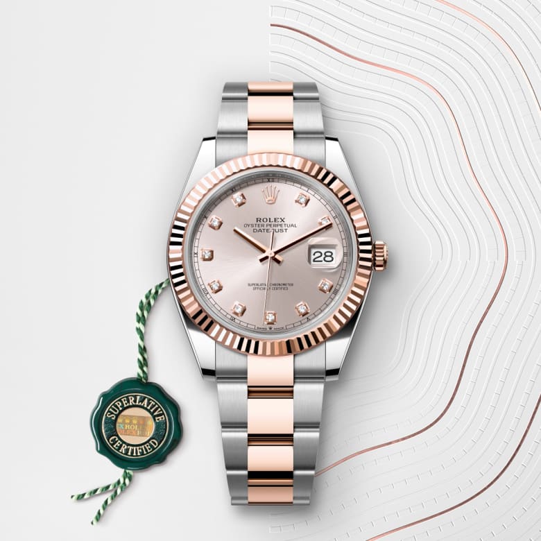 Front view of Rolex Datejust in Everose Rolesor, m126331-0007 with green seal - Nam Sawang